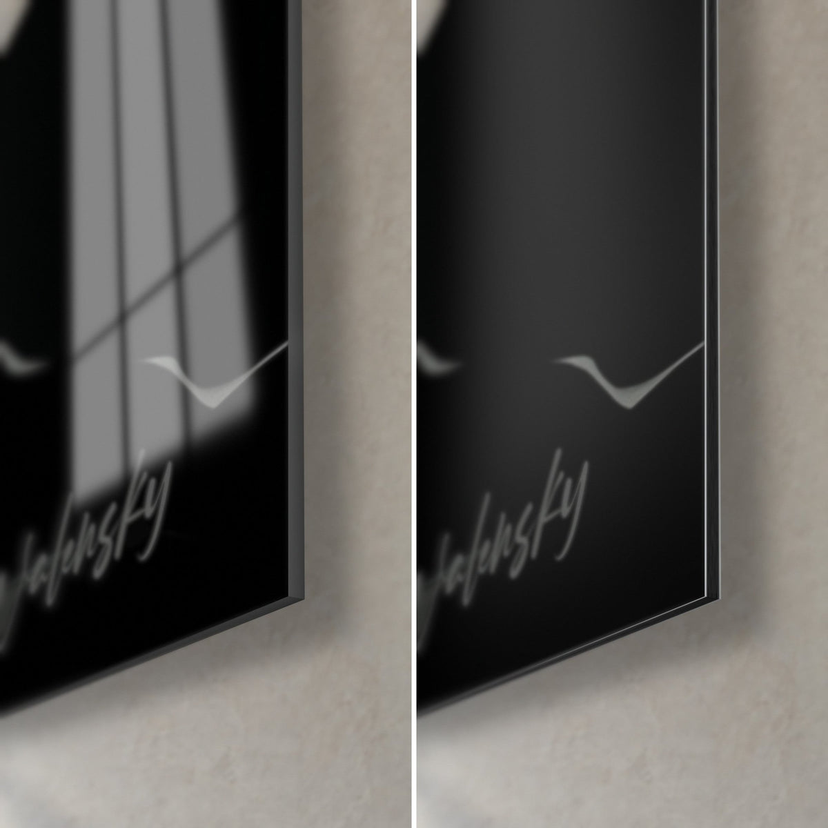 Tableau oiseau marin noir et blanc, coin bas droit : verre acrylique brillant reflétant une fenêtre, Dibond gris mat, tranche fine