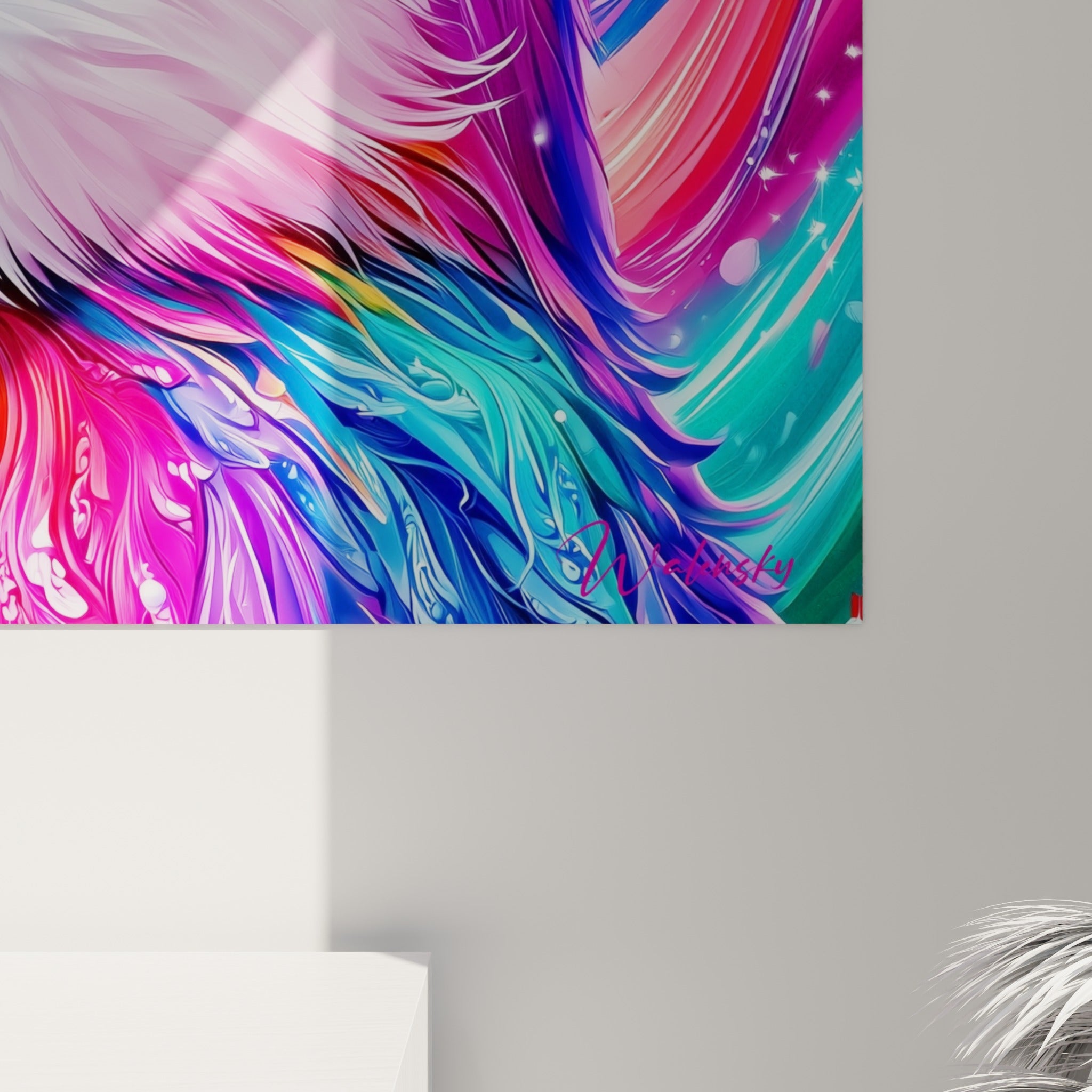 Empâtements colorés du plumage de pingouin, coulures roses et turquoise se mêlant en gros plan sur la toile