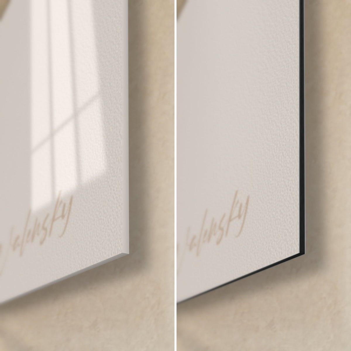Cuadro pingüino en aguada blanca y negra, esquina inferior derecha: cristal acrílico brillante a la izquierda, aluminio Dibond mate a la derecha, borde negro