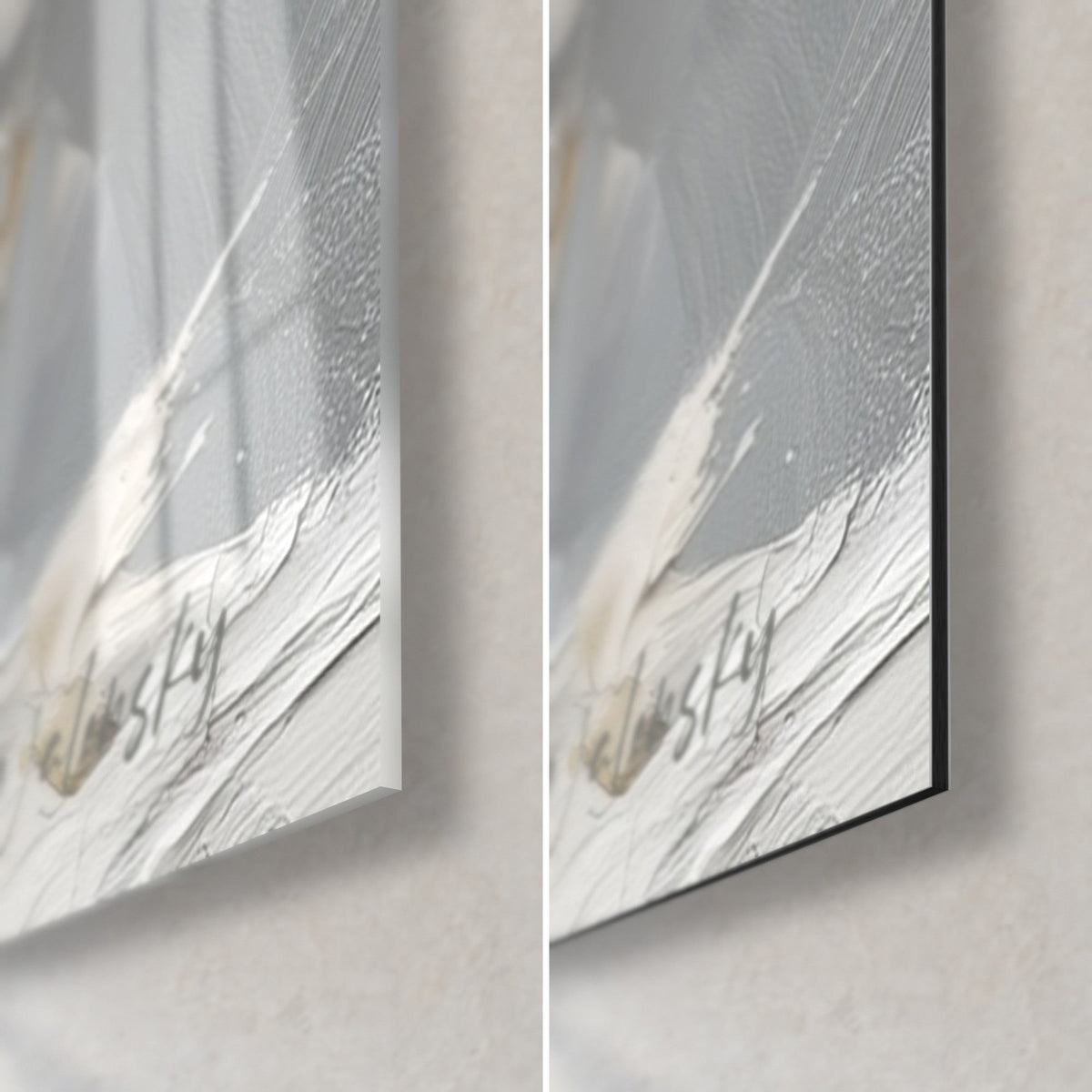Tableau pingouin au chapeau noir, coin bas droit : verre brillant à gauche, alu Dibond mat à droite, signature argentée et tranche de 3 mm