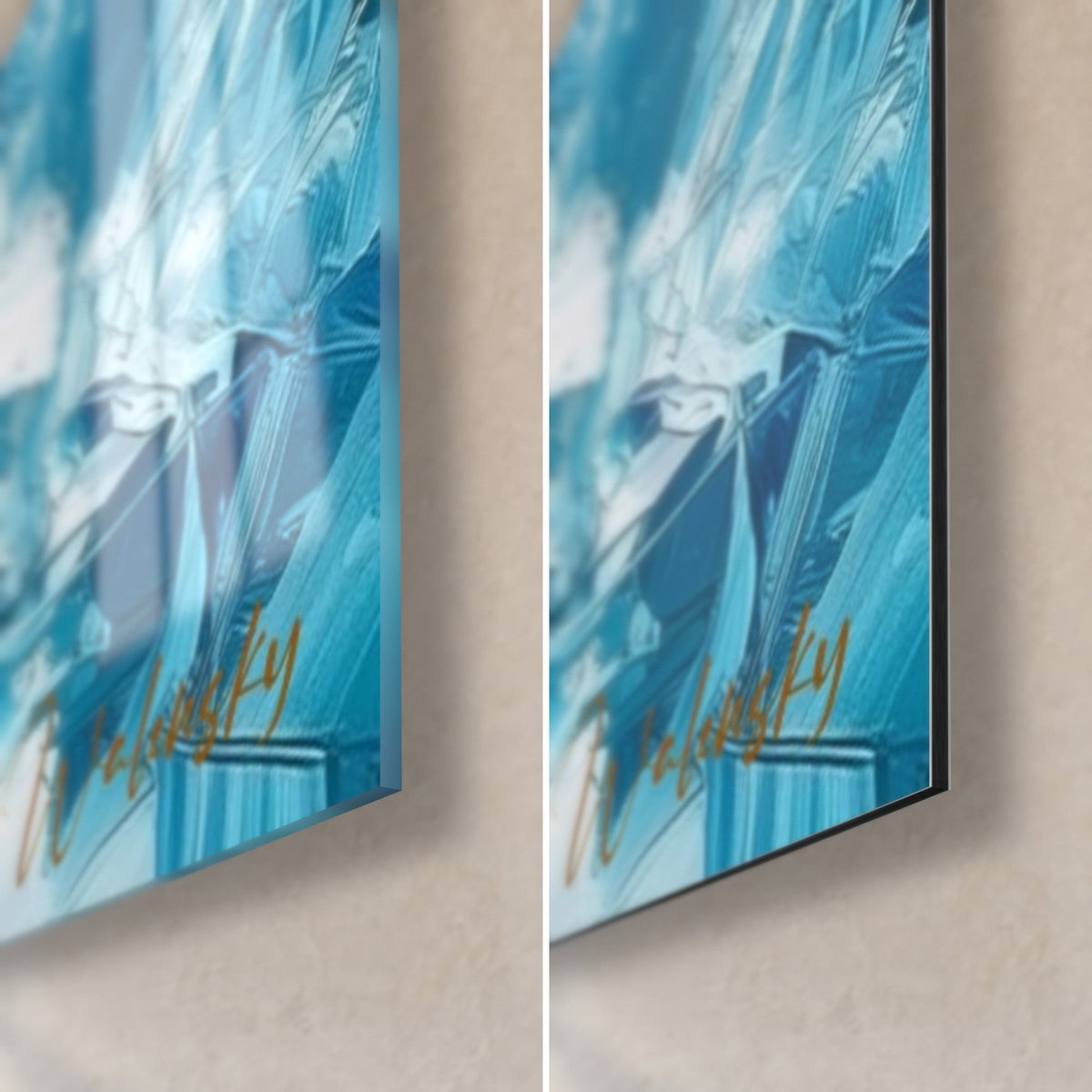 Gemälde eines blau-orangefarbenen Polarvogels, untere rechte Ecke: glänzendes Acrylglas links, mattes schwarzes Dibond rechts