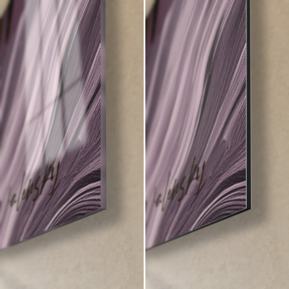 Schilderij zwerm ebbenhouten pinguïns, rechtsonder: lila en zwarte marmering, glanzend glas links, mat Dibond rechts