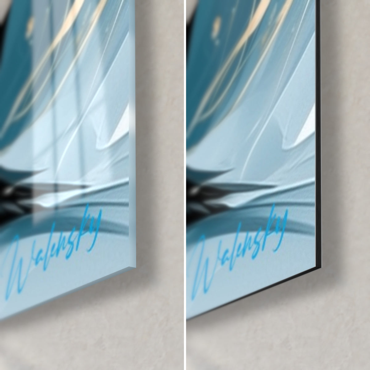 Tableau manchot, coin bas droit : verre acrylique brillant bleu clair à gauche, Dibond mat à droite, tranche noire de 3 mm
