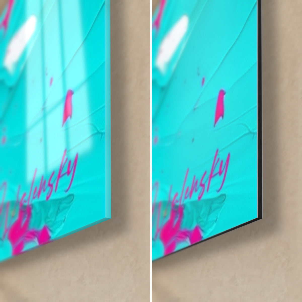 Schilderij drie zeevogels in dik turquoise en fel roze verf, rechterhoek onder: glanzend glas links, mat Dibond rechts