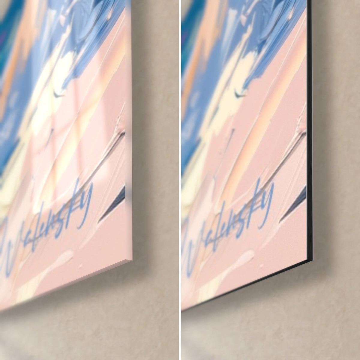 Gemälde Pinguinküken in orangefarbenen und blauen Schlieren, rechte untere Ecke in glänzendem Glas und mattem Dibond-Aluminium, 3 mm Stärke
