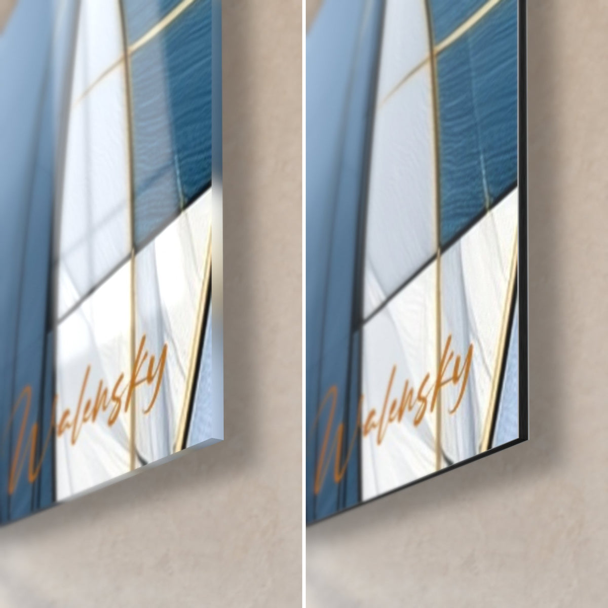 Schilderij gestileerde pinguïns, rechtsonder: glanzend acrylglas links, mat zwart Dibond rechts, rand van 3 mm