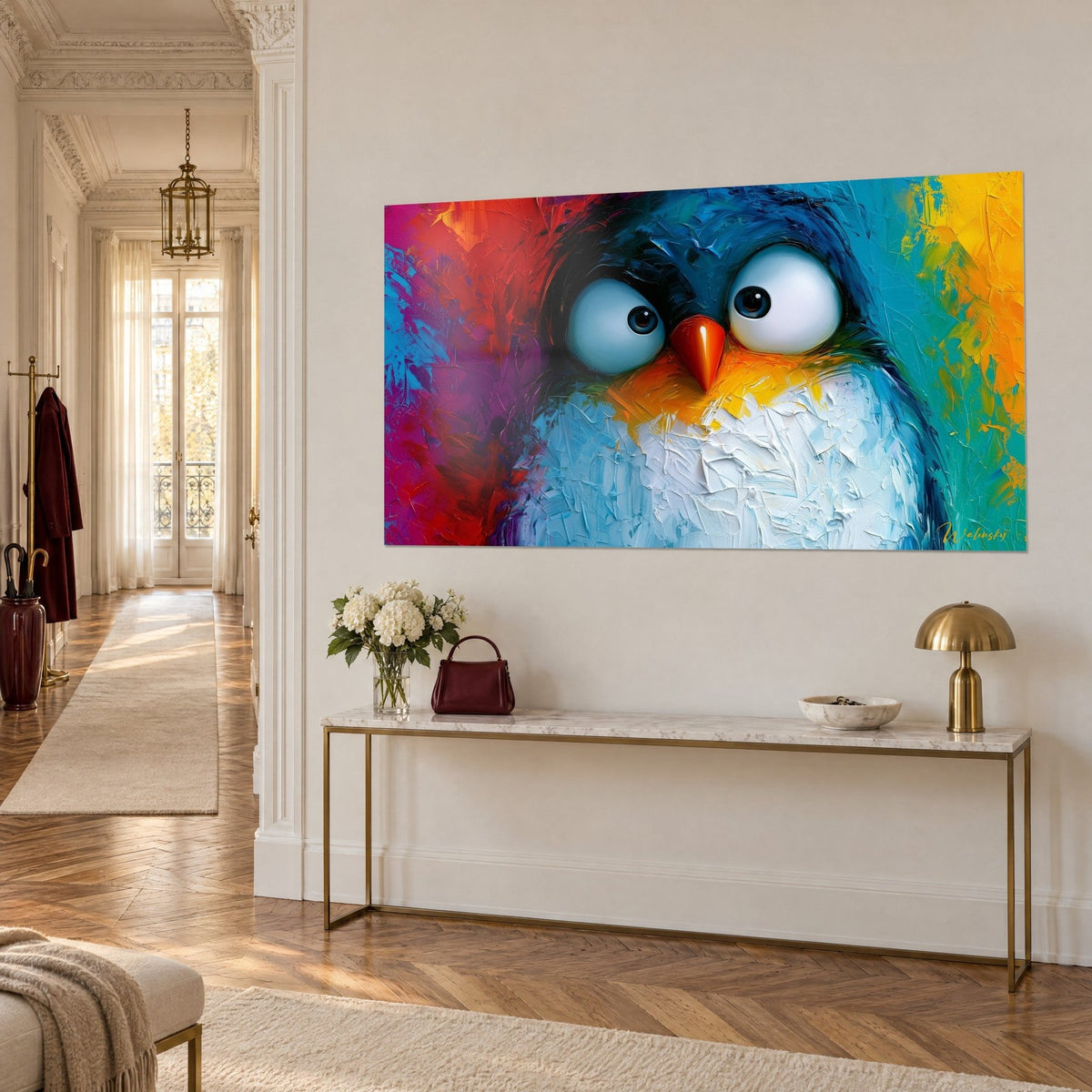 Quadro uccello stupefatto dal becco arancione, sfondo rosso porpora e turchese, pennellate spesse a spatola, visto di tre quarti su una consolle dorata