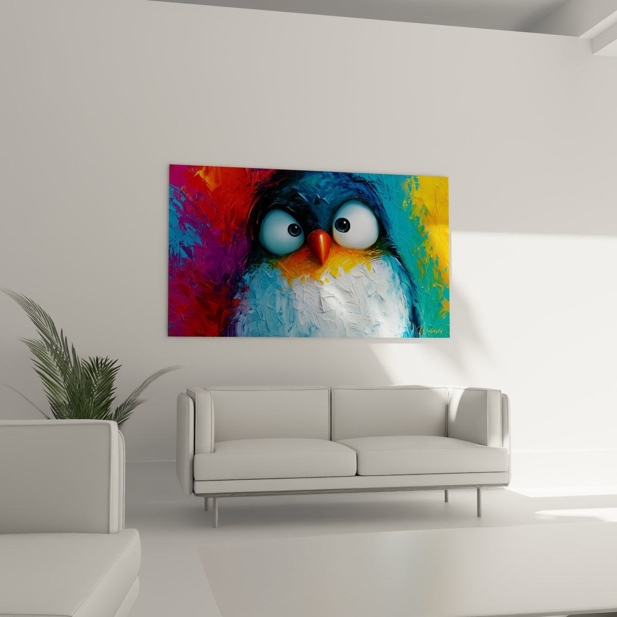 Pingouin coloré au bec orangé et plumage texturé, suspendu au-dessus d'un canapé dans un salon lumineux