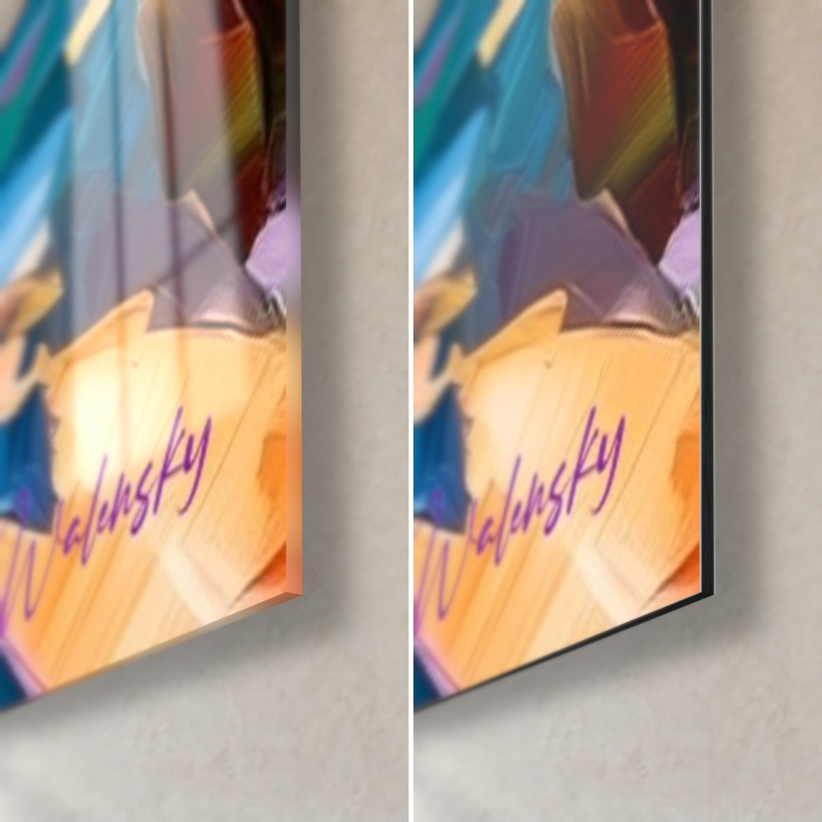 Tableau oiseau polaire violet et turquoise, signature Walensky orange, coin bas droit en verre brillant et alu Dibond mat