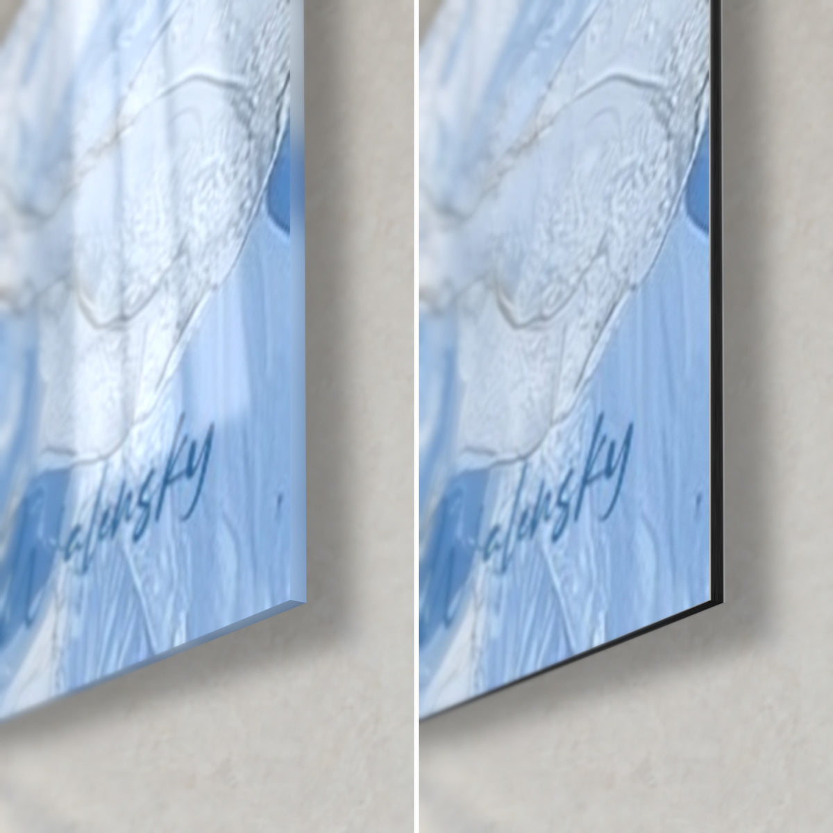 Wall art baby penguins in blue, bottom right corner: glossy acrylic glass on the left, matte white Dibond aluminium on the right, 3 mm edge
