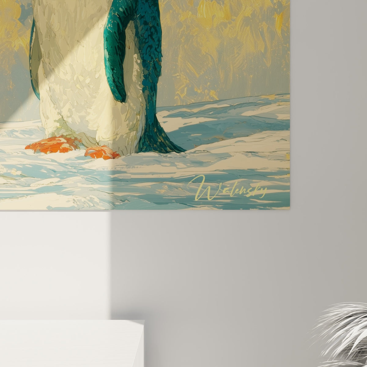 Matière picturale du plumage bleu sarcelle et empâtements dorés du fond, grain visible sur l'impression du tableau