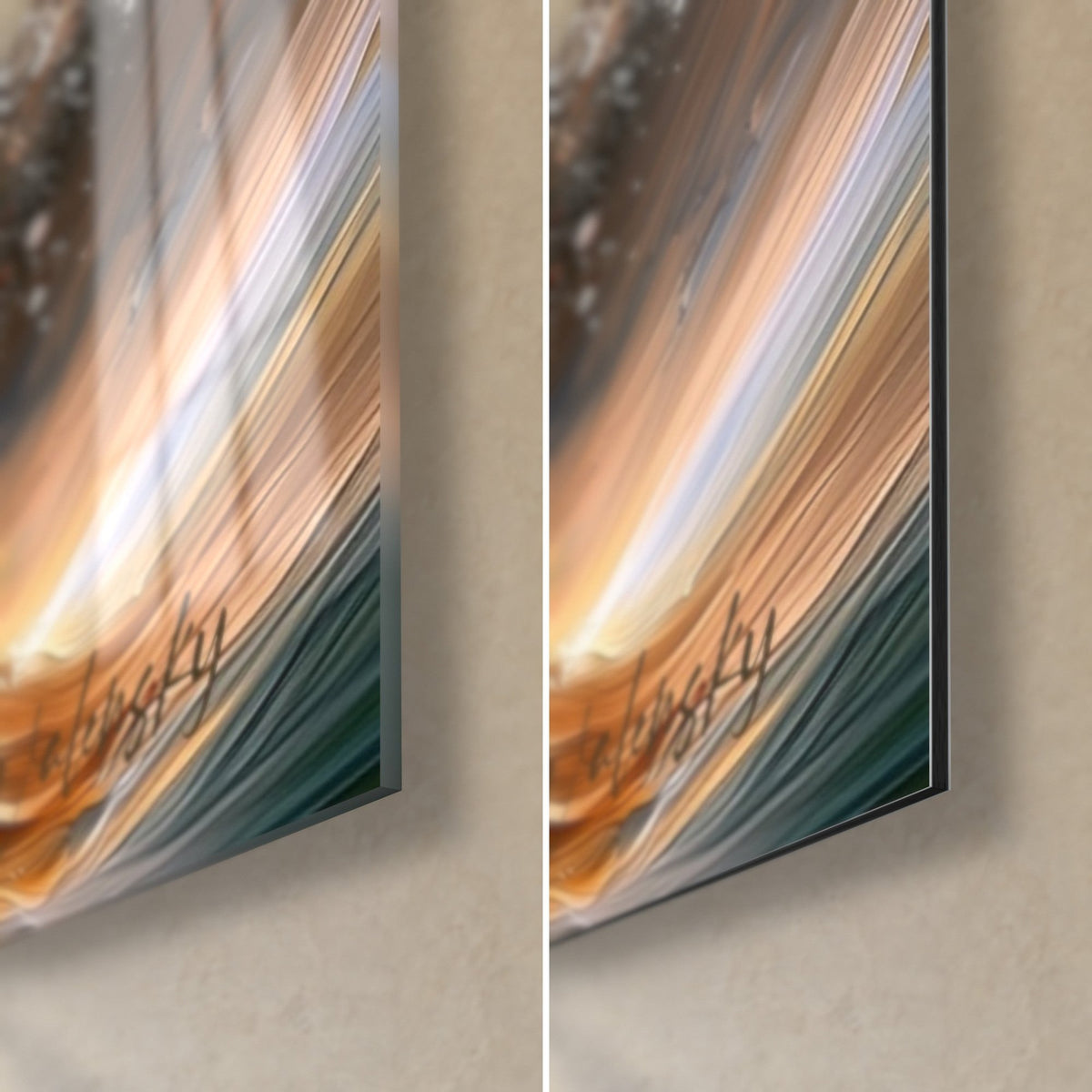 Wall art painted king penguin, bottom right corner, glossy glass with copper reflections on matte black Dibond, 3 mm thick