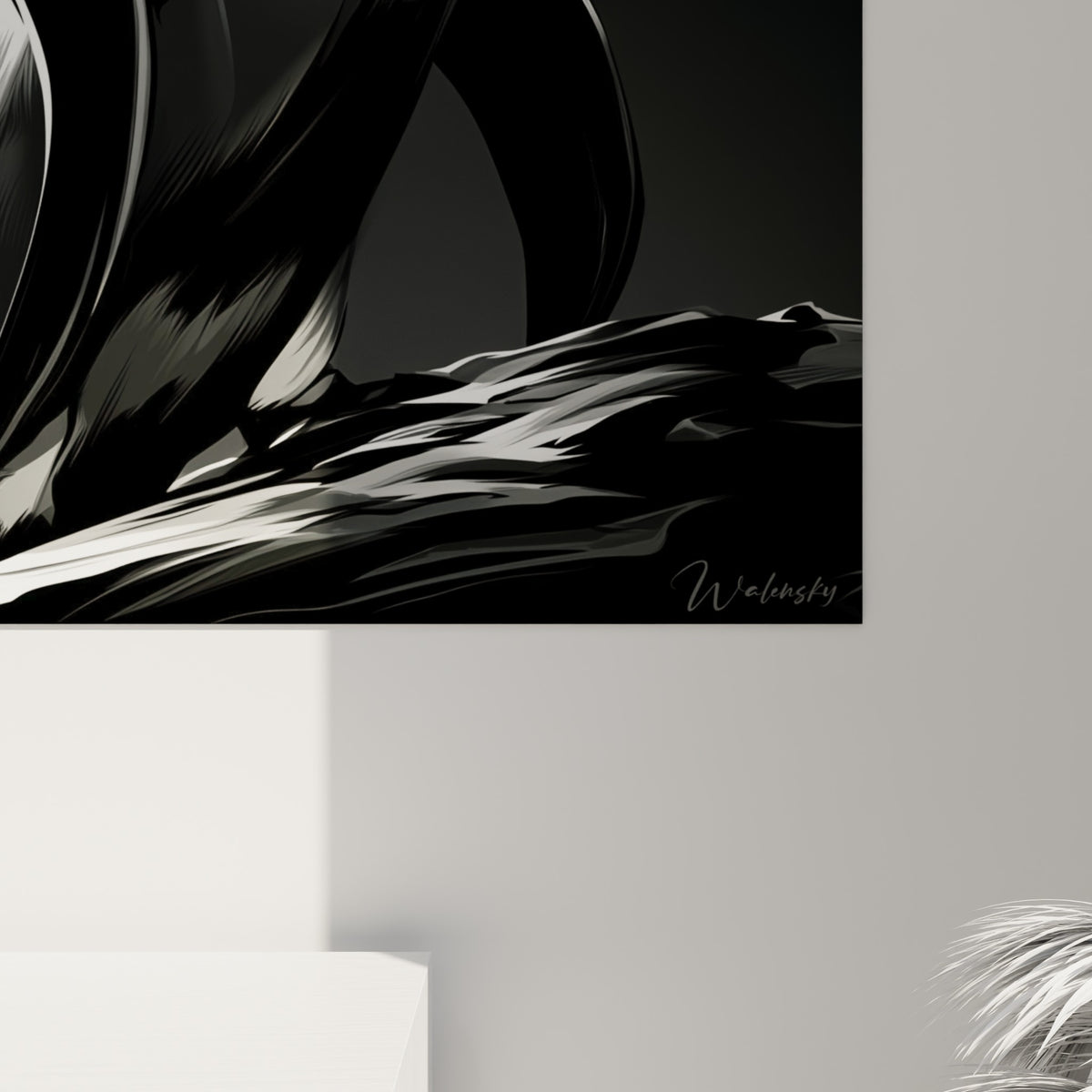 Traits nerveux et empâtements noirs sur fond gris anthracite révélant la texture sculpturale du plumage du pingouin