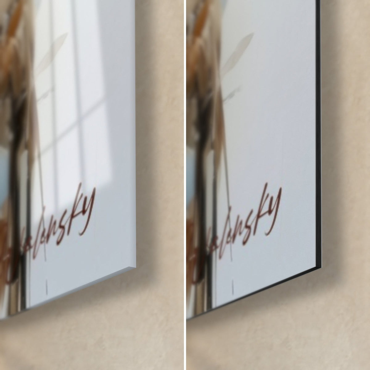 Quadro pinguini in ocra e bianco, angolo in basso a destra in vetro acrilico lucido e alluminio Dibond opaco, spessore di 3 mm visibile
