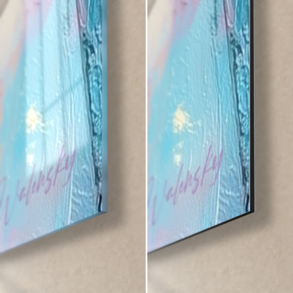 Schilderij pinguïns geschilderd met een palet mes, rechtsonder: glanzend lichtblauw acrylglas links, mat zwart Dibond rechts, 3 mm rand
