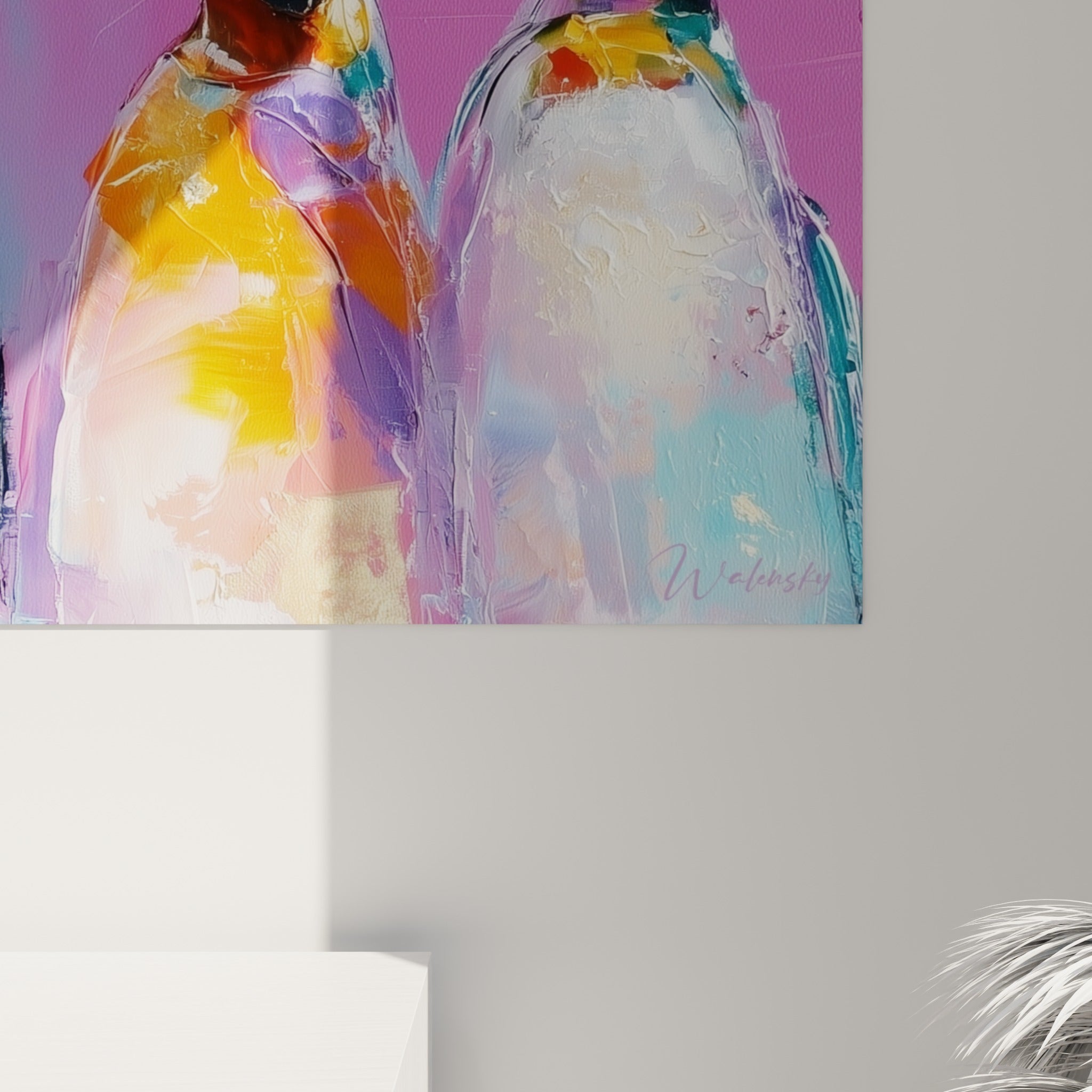 Empâtements épais et coulures orangées sur le plumage turquoise et magenta des manchots peints