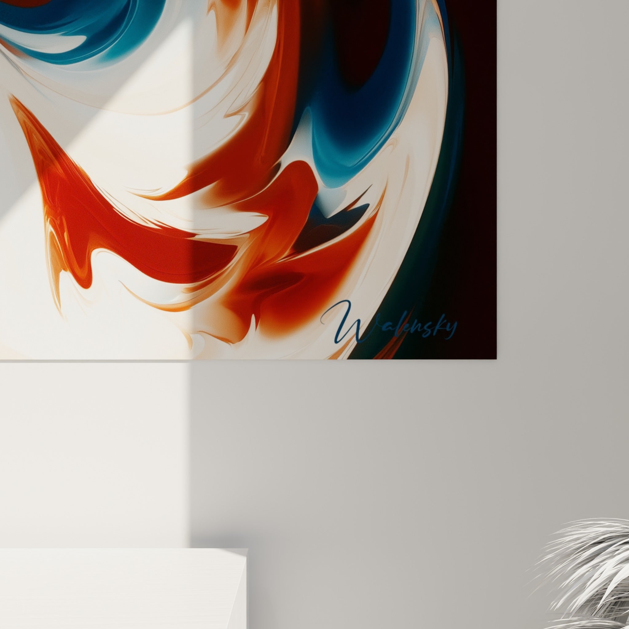Matière brillante et texturée du tableau abstrait, empâtements roux et bleu marine se fondant en gros plan