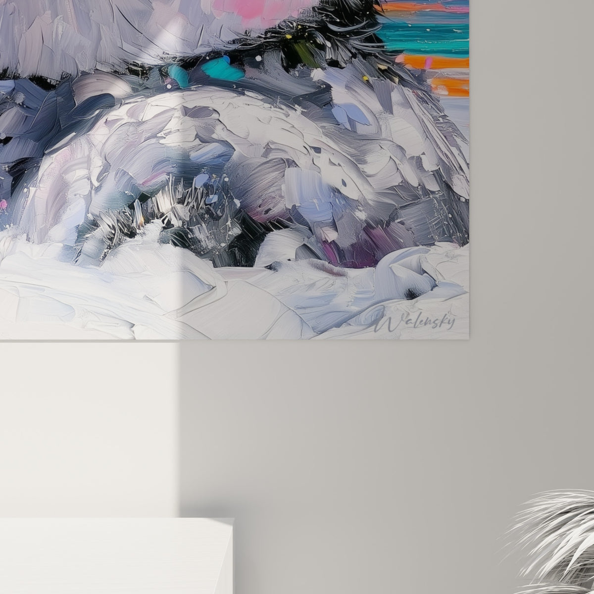Empâtements épais de blanc, gris et orange sculptant le duvet du pingouin, matière visible en gros plan sur la toile