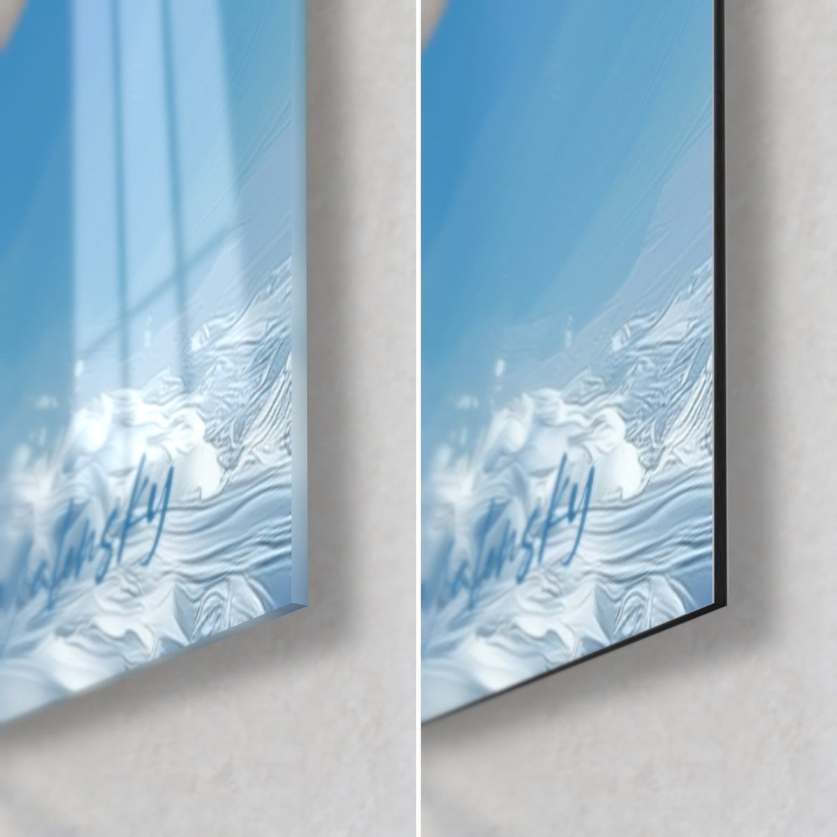 Quadro pinguino con schegge arancioni e blu, angolo in basso a destra: vetro acrilico lucido a sinistra, alluminio Dibond opaco a destra, spessore 3 mm