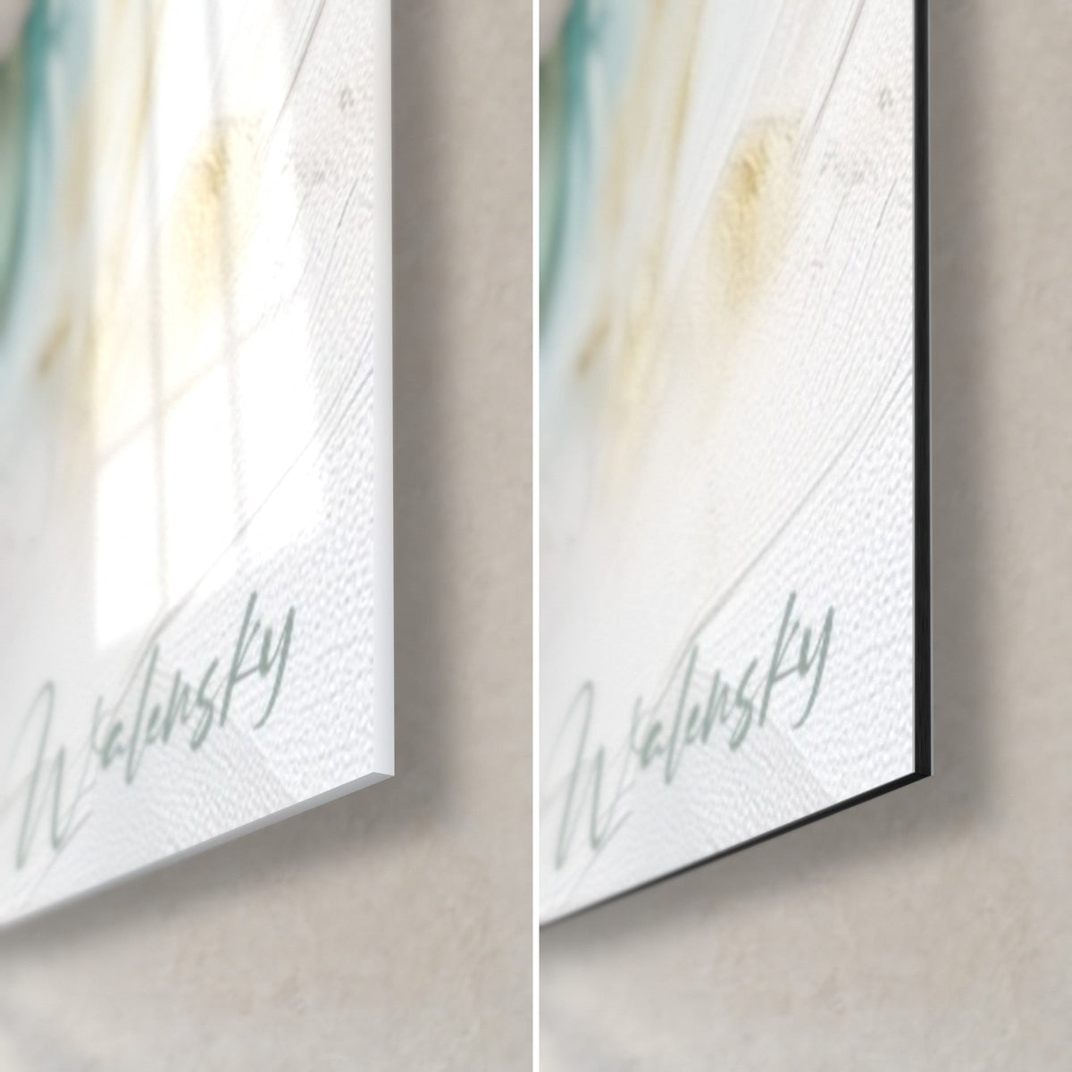 Gemälde Pinguin in Malerei, untere rechte Ecke: glänzendes Acrylglas links, mattschwarzes Alu-Dibond rechts, Walensky-Signatur