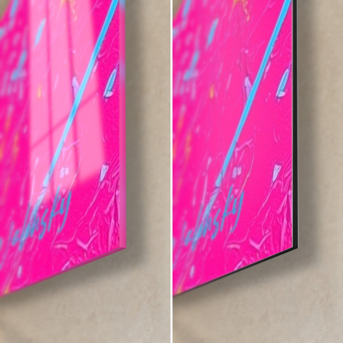 Quadro pinguino con lenti turchesi, angolo in basso a destra: vetro acrilico lucido a sinistra, Dibond nero opaco a destra, bordo da 3 mm