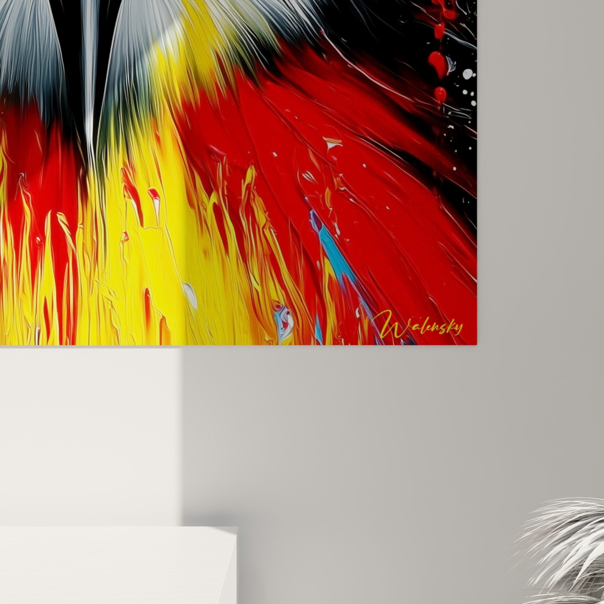 Empâtements colorés en rouge, bleu et jaune visibles de près sur la toile brillante du Pingouin.