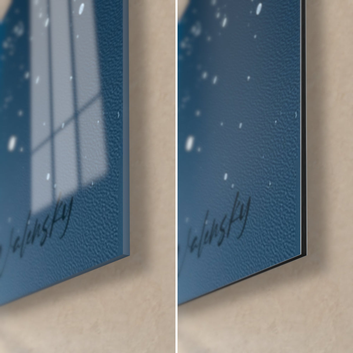 Gemälde einer Meise mit roter Mütze, untere rechte Ecke: glänzendes nachtblaues Glas links, matte Dibond-Aluminium rechts, 3 mm Kante
