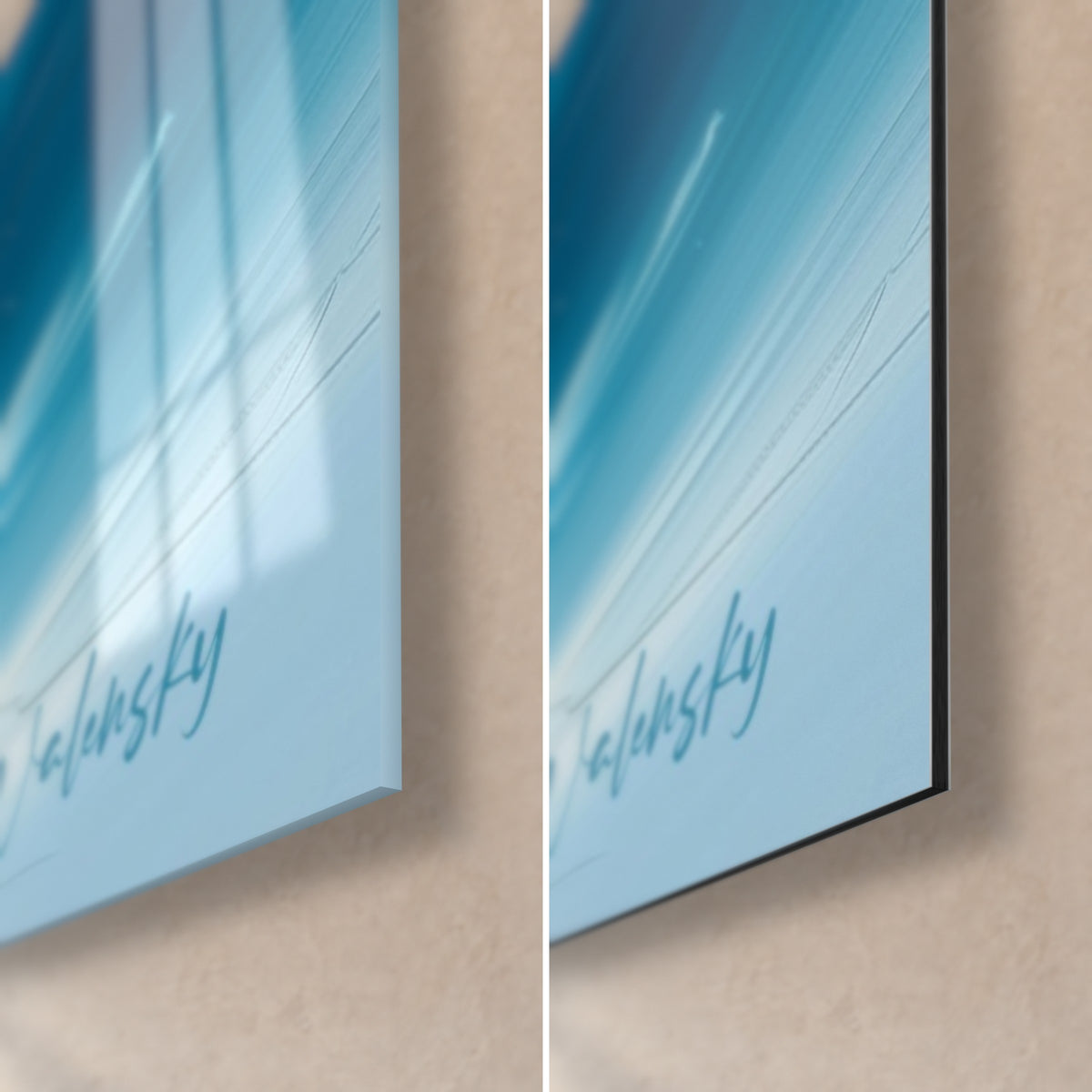 Wall art penguin with cobalt-blue and vivid orange plumage, bottom-right corner in glossy acrylic glass and matte Dibond aluminium, 3 mm edge visible