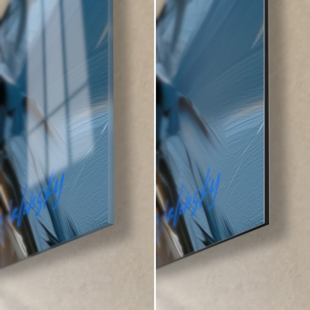 Schilderij pinguïn met explosieve blauwe en gouden verfspatten, rechterhoek onderaan in glanzend glas en mat Dibond, zichtbare rand van 3 mm