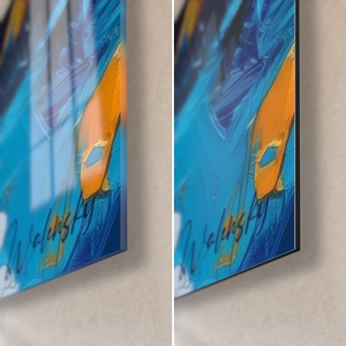 Tableau pingouin à lunettes, coin bas droit : verre acrylique brillant et reflets à gauche, alu Dibond mat à droite, tranche de 3 mm, touches bleu turquoise et orange