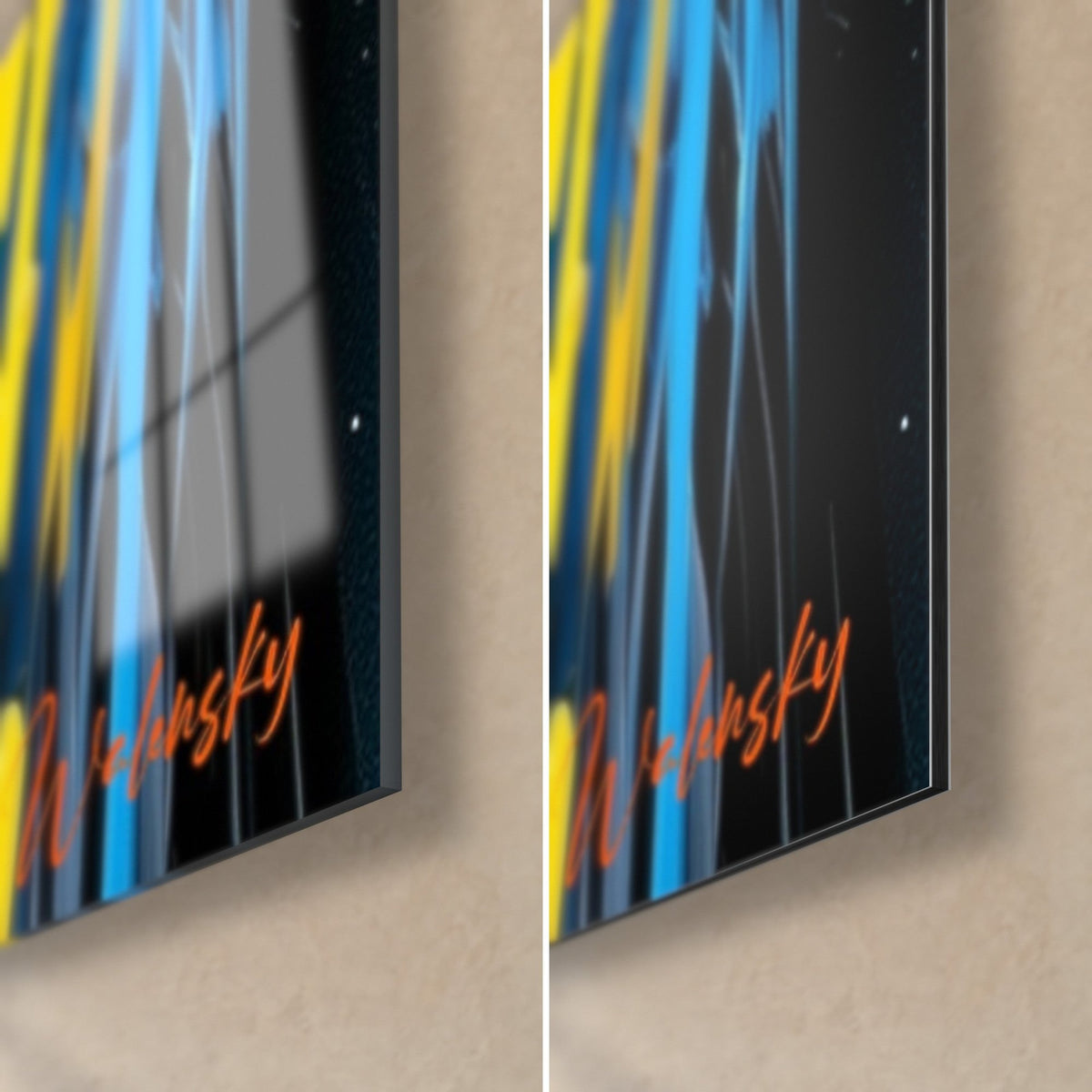 Schilderij pinguïn met rode sjaal, rechtsonder de hoek: glanzend glas links, mat zwart Dibond rechts, rand van 3 mm