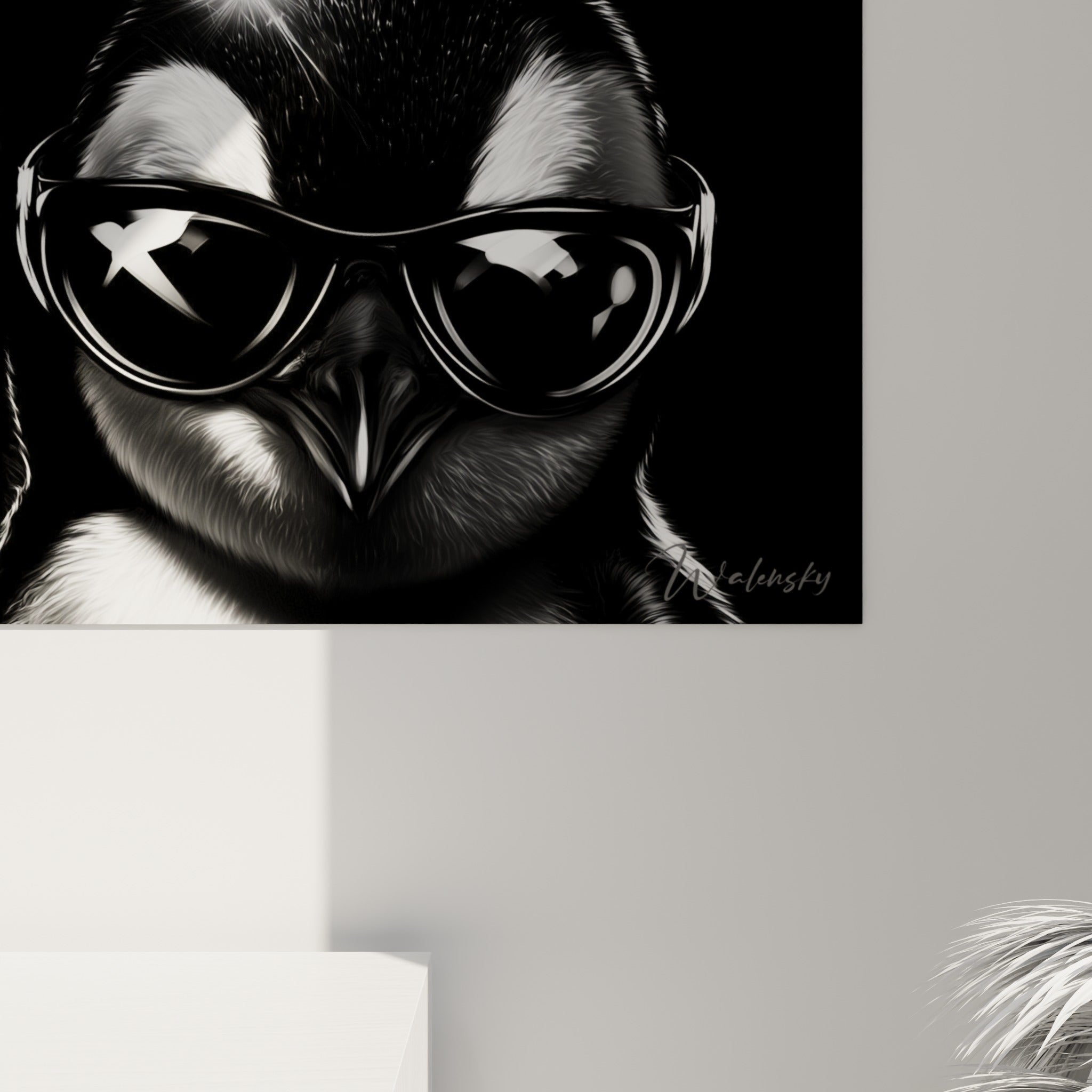Reflets lumineux sur les verres noirs et grain graphique du plumage blanc et anthracite des pingouins