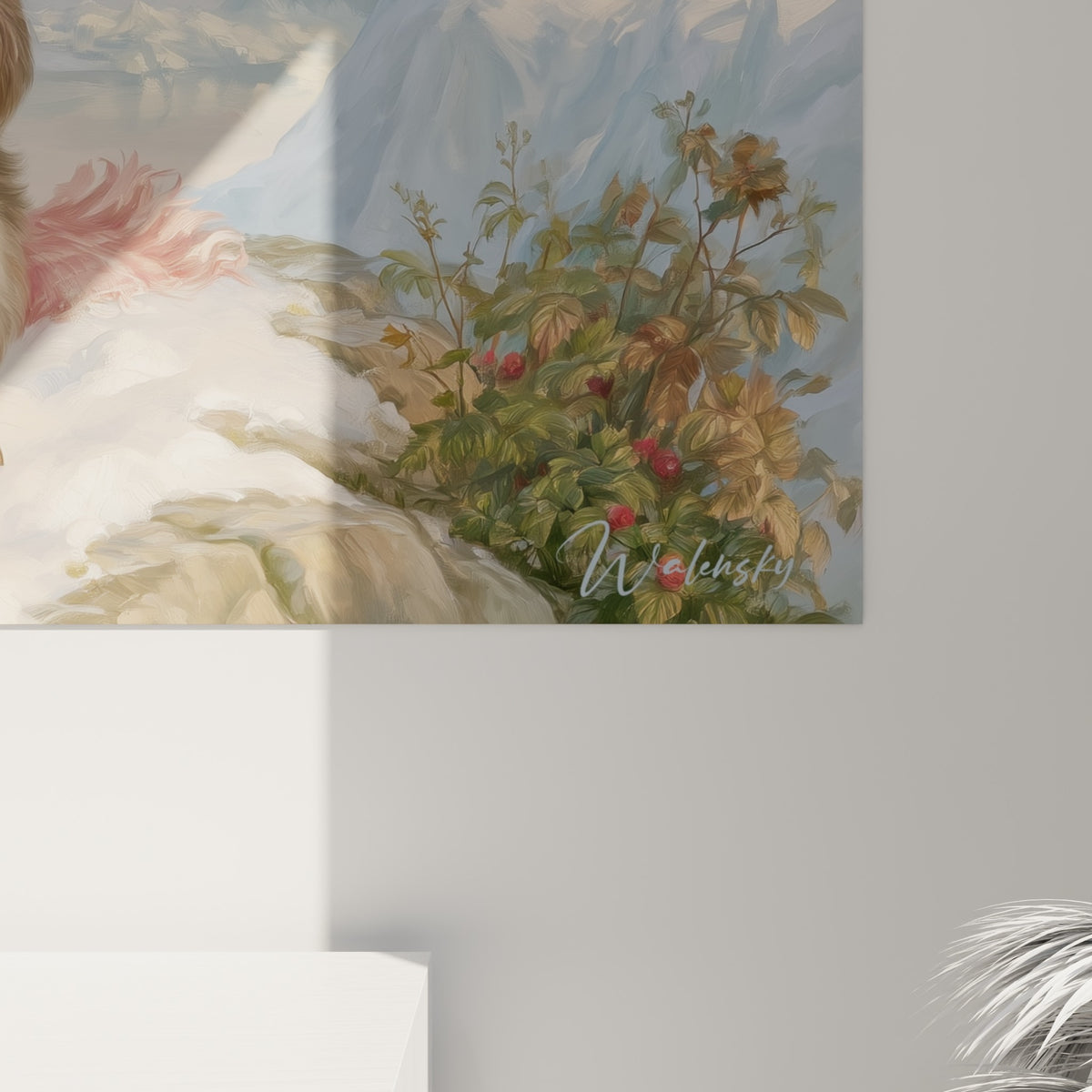 Empâtements doux du pelage brun et blanc, fibres du bonnet rose et reflets glacés sur la toile du pingouin.