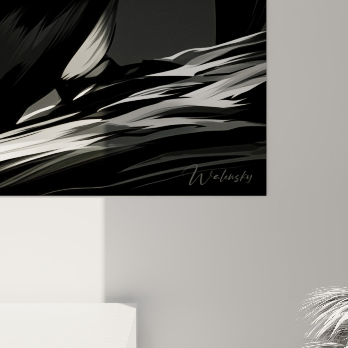 Empâtements graphiques noir profond et blanc pur révélant la texture fine du plumage du pingouin