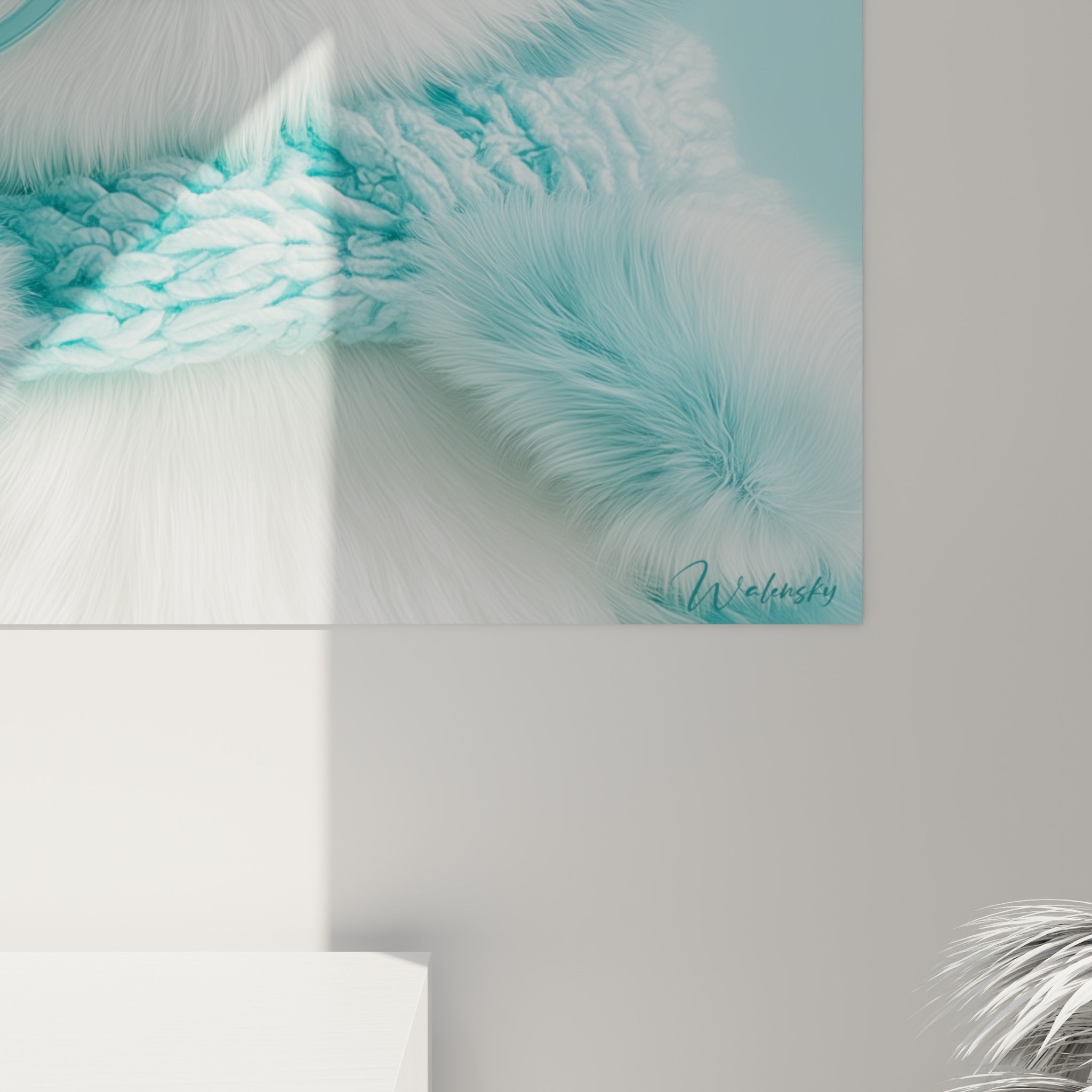 Empâtements turquoise et blancs du plumage, reflets bleu marine des yeux, grain fin de l'écharpe tricotée