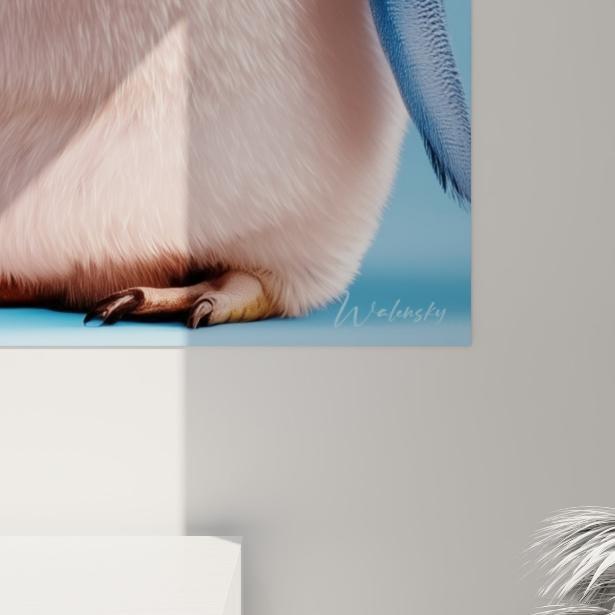 Plumes du manchot en gros plan, dégradé bleu marine et doré, texture soyeuse et empâtements réalistes