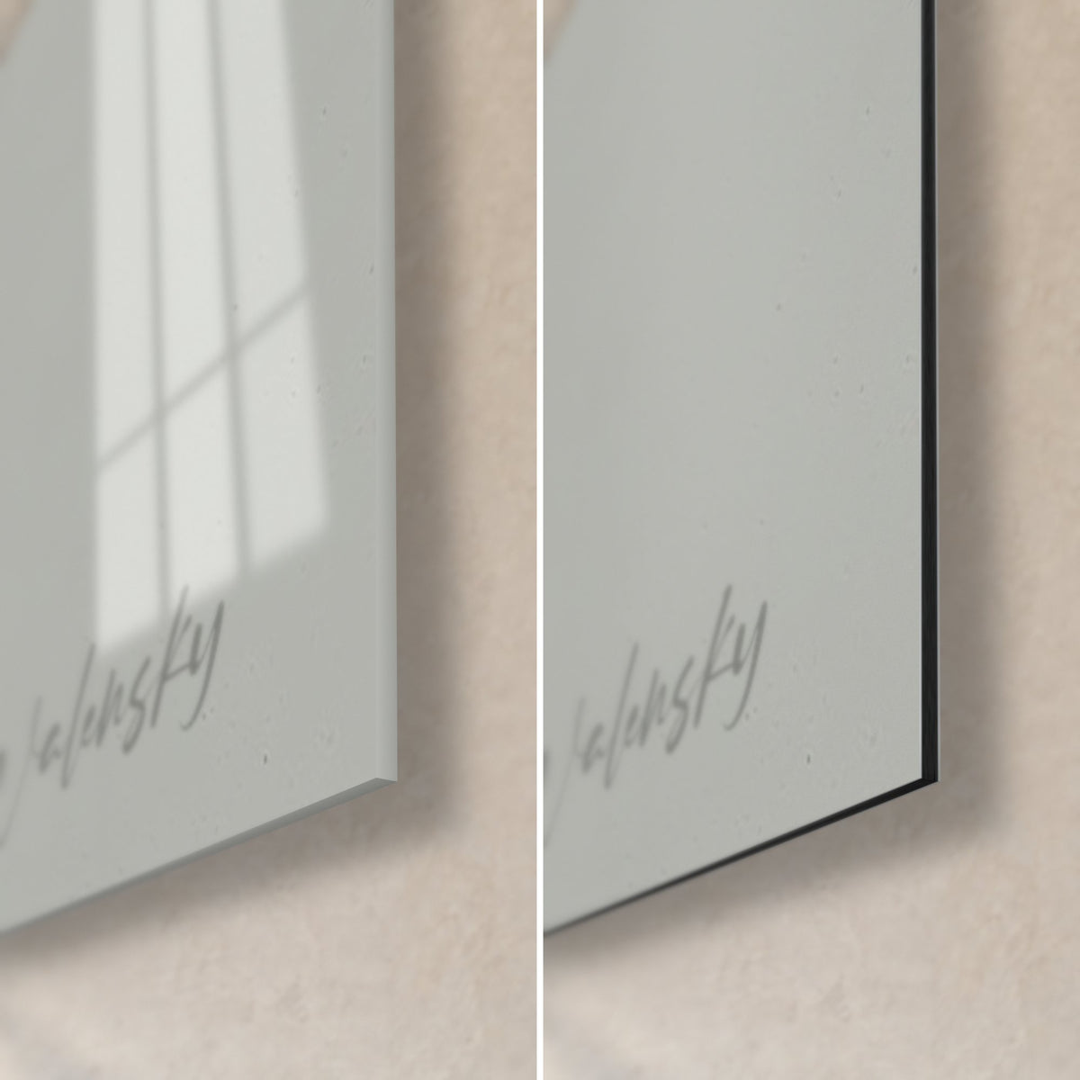 Schilderij pinguïn met gespikkelde witte borst, hoek rechtsonder: glanzend acrylglas links, mat zwart Dibond rechts, rand van 3 mm