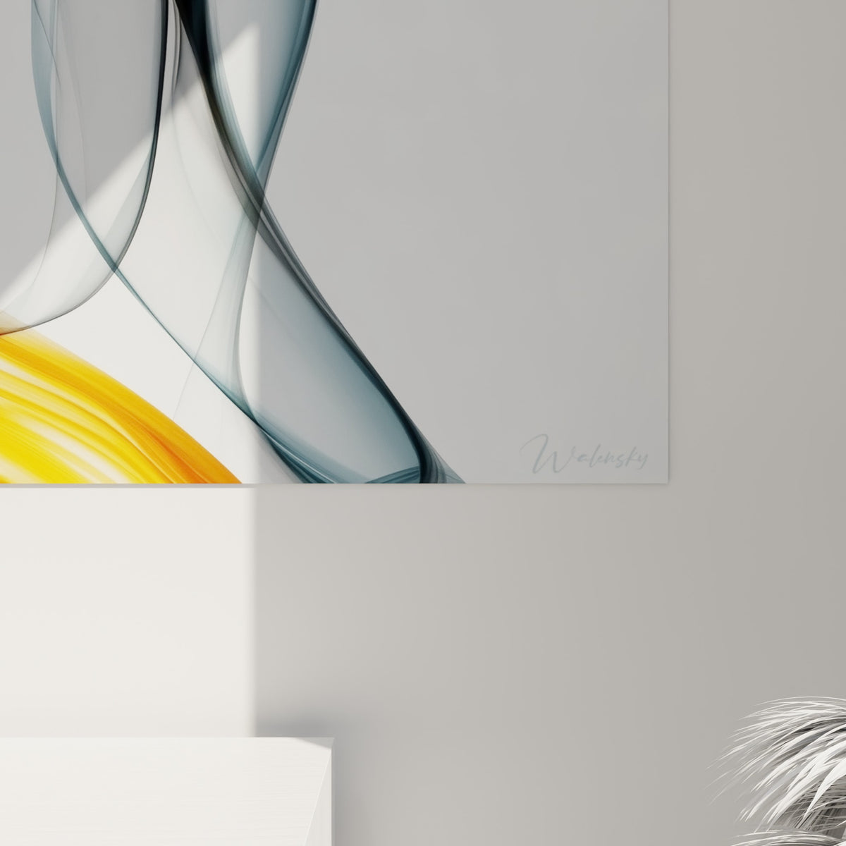 Détail des voiles gris et de la traînée dorée du pingouin, textures fluides et empâtements visibles à faible distance