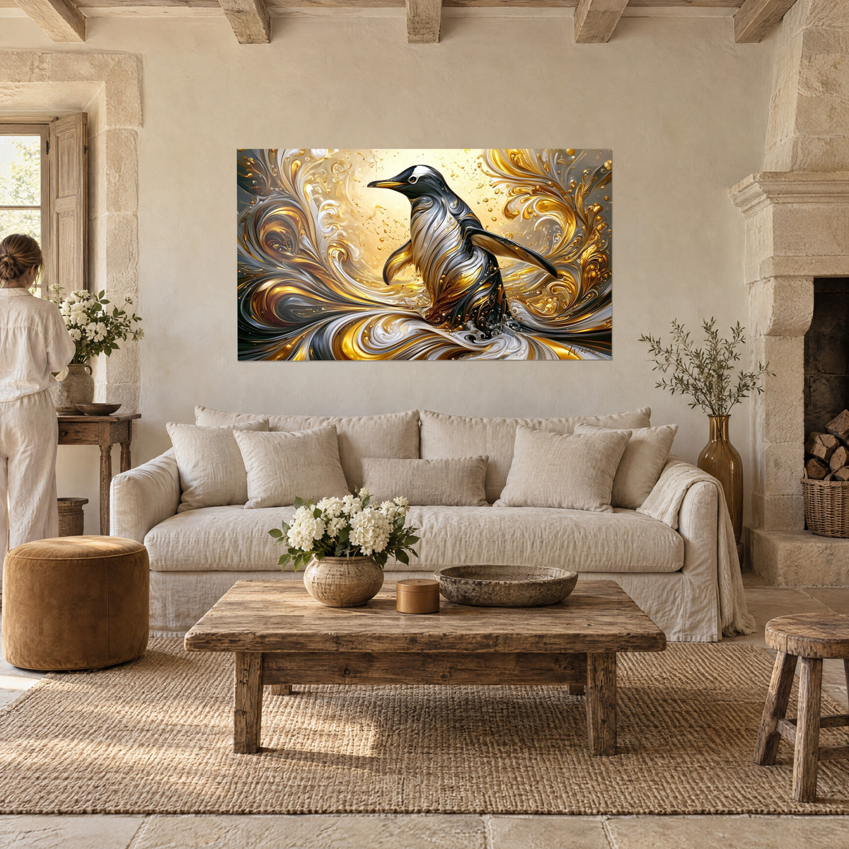 Tableau pingouin aux volutes d'or et d'argent, plumage noir et blanc, au-dessus d'un canapé dans un salon lumineux