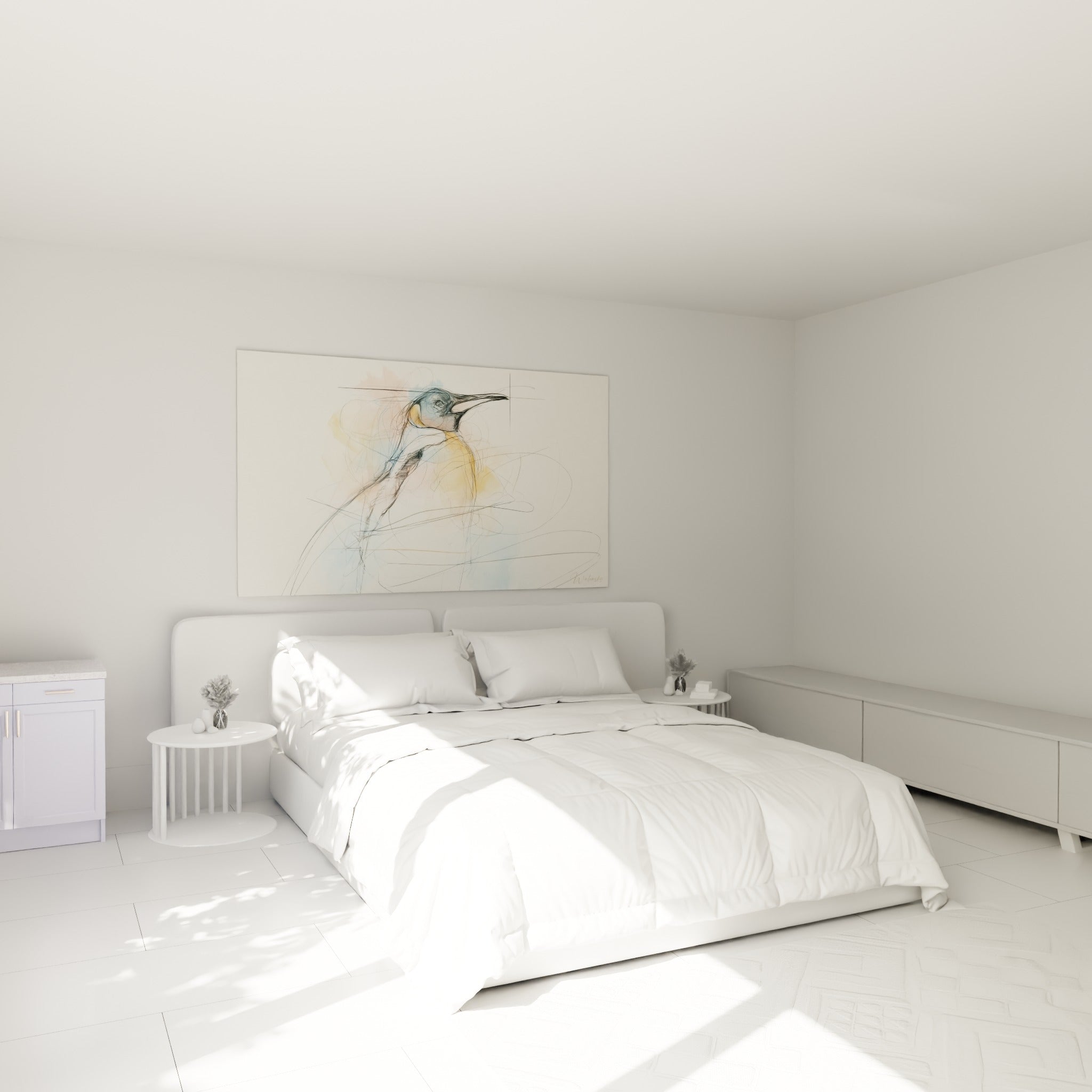 Silhouette de pingouin en lignes noires et ocre, accrochée au-dessus d'un lit dans une chambre claire