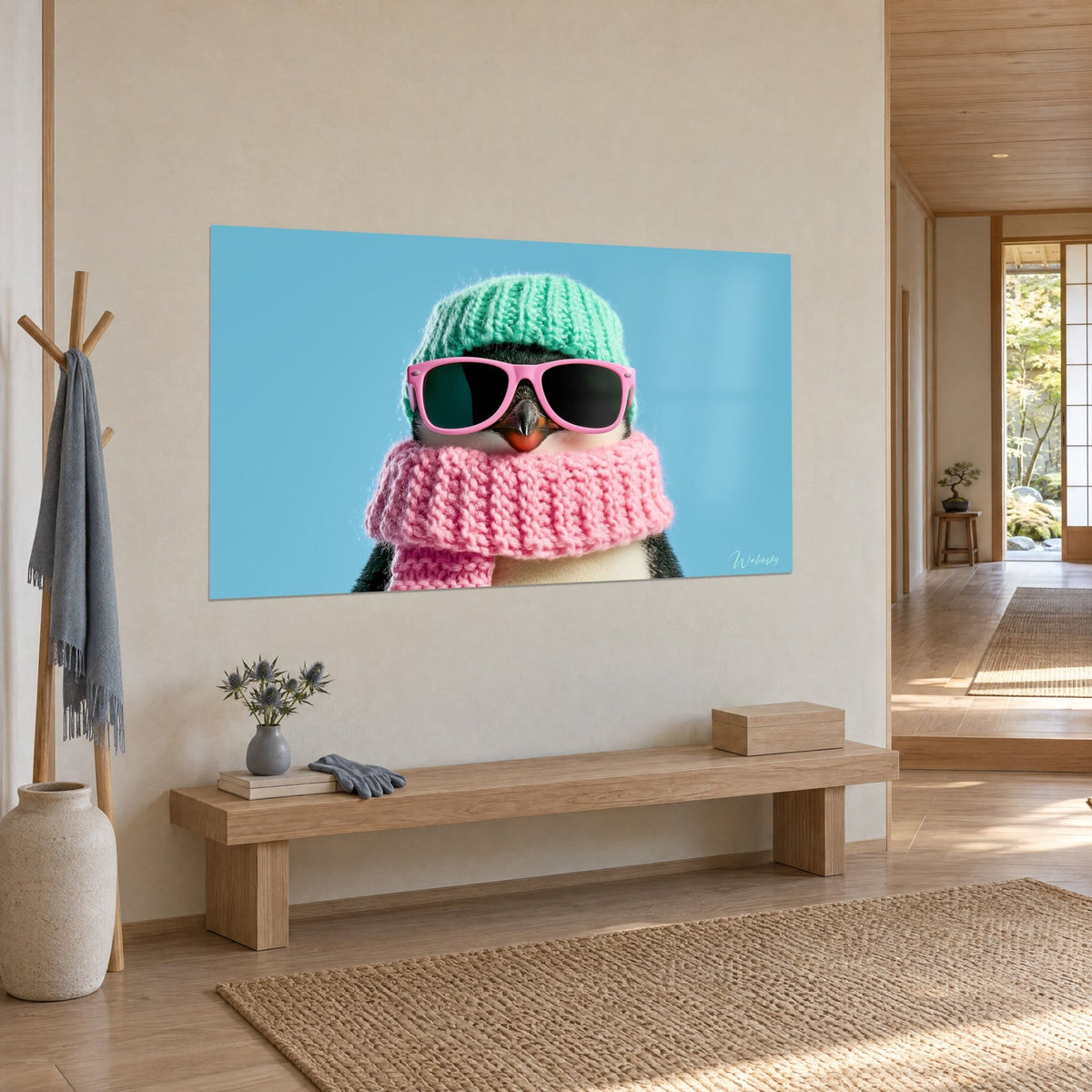 Schilderij pinguïn met dikke mintgroene wollen muts en roze gebreide sjaal op een blauwe achtergrond, in een japandi gang