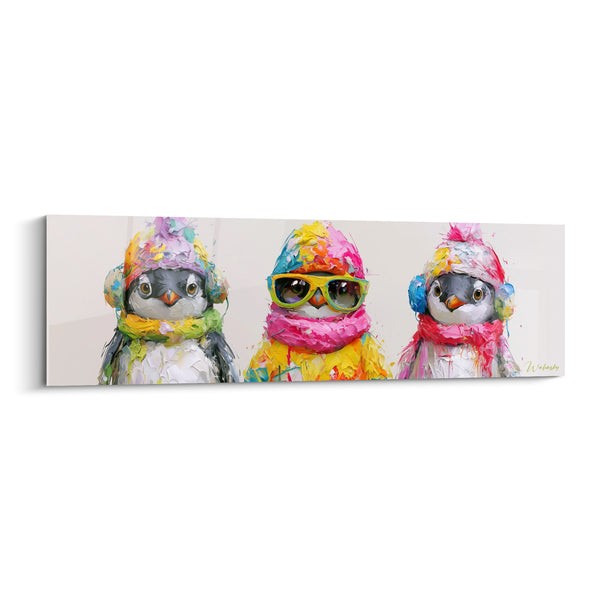 Tableau Trio de pingouins jaune et rose cache-oreilles colorés - Lunettes vertes givrées - Edition Pingouin