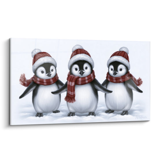 Trois bébés pingouins en bonnets rouges et écharpes à carreaux sur fond blanc immaculé