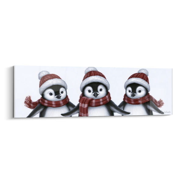 Tableau Trio de pingouins bonnets rouges et blancs - Fratrie hivernale - Edition Pingouin