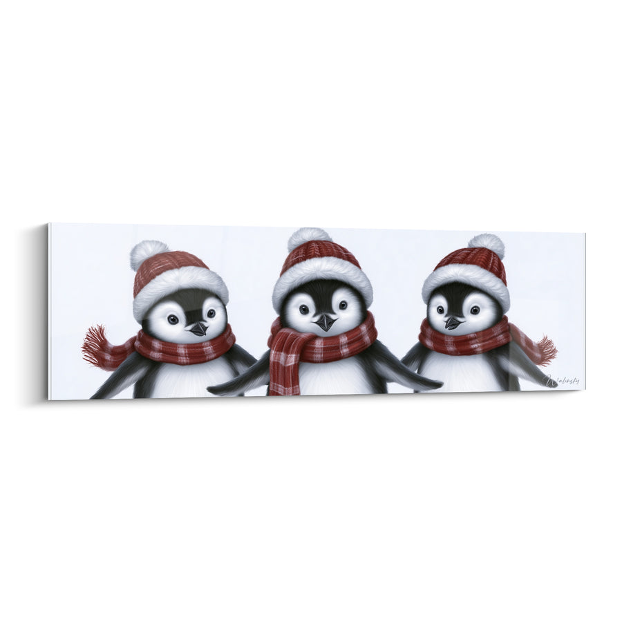 Tableau Trio de pingouins bonnets rouges et blancs - Fratrie hivernale - Edition Pingouin
