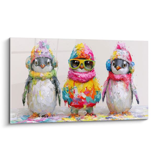 Rockhopper Penguins Yellow and Pink Artwork - Mischievous Trio - Penguin Edition