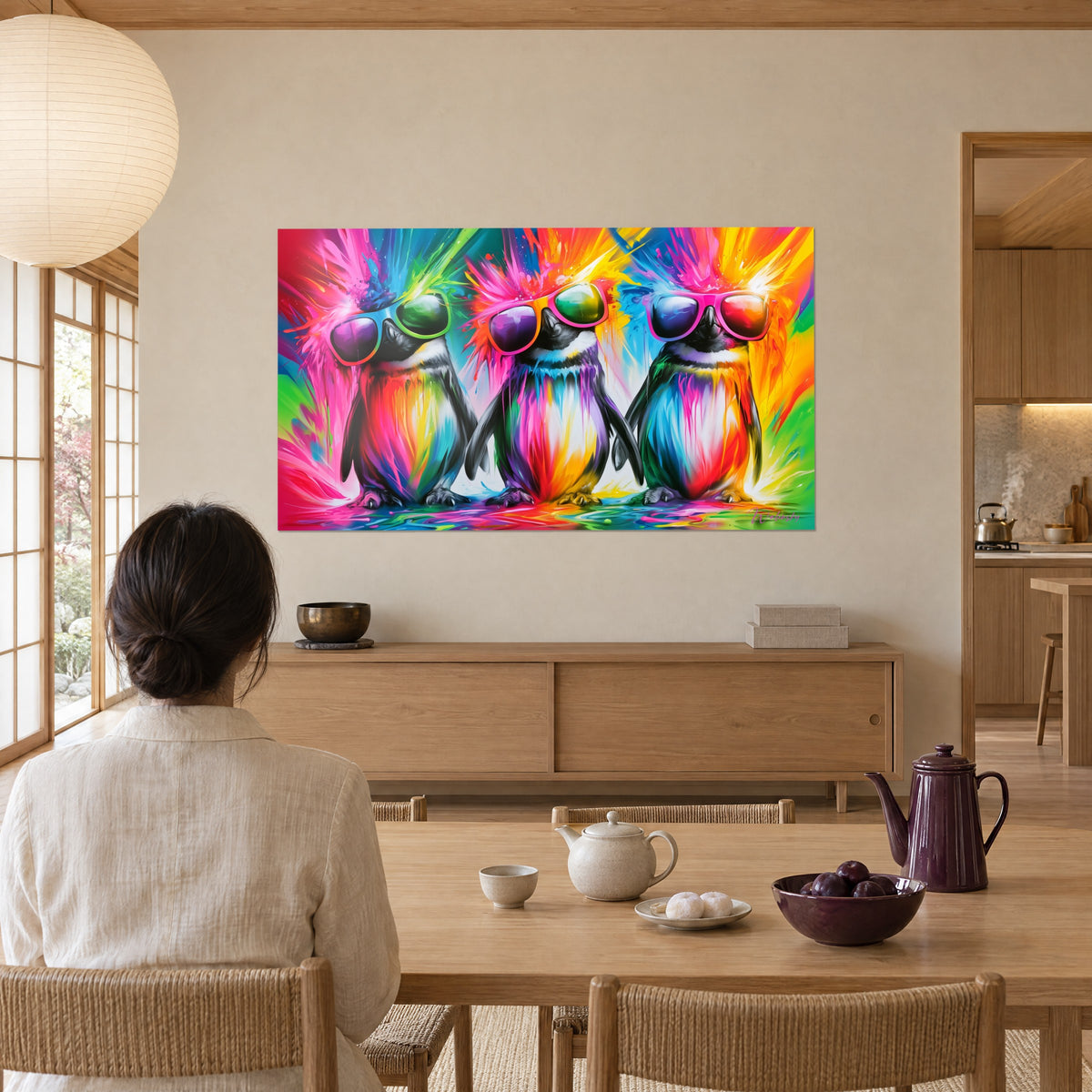 Tableau trio de pingouins coulures orange et bleu, lunettes miroir violettes, face à une femme de dos assise à table
