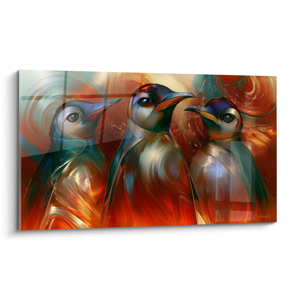 Tableau Trio de pingouins aux reflets cuivrés - Conciliabule flamboyant - Edition Pingouin