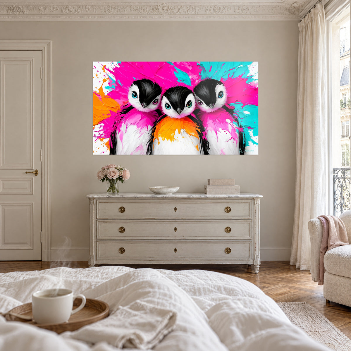 Wall art penguins with blue and green eyes, fuchsia plumage and vivid orange chest, above a bed in a light bedroom