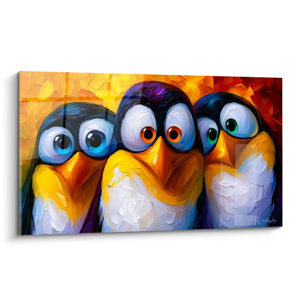 Tableau Trio pingouins jaune et orange yeux écarquillés - Effet de surprise - Edition Pingouin